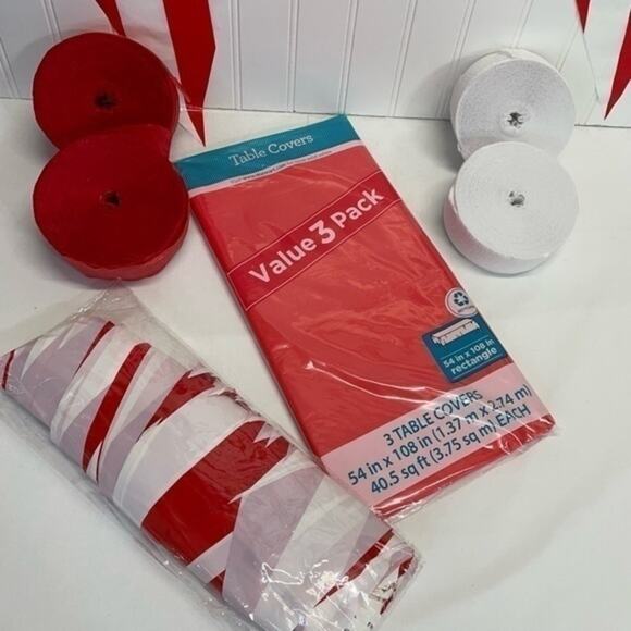 Red White Party Supplies Pennant Banner Table Covers Streamers Bundle - Picture 3 of 5